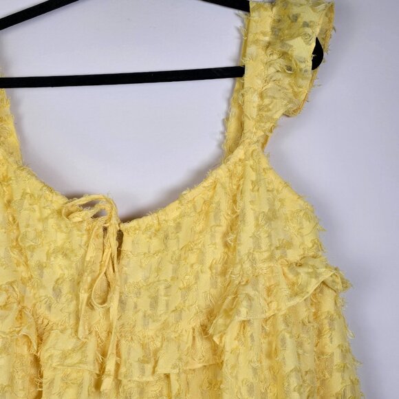 Tie Front Ruffle Hem Smock Dress Large Size 8/10 Yellow Eyelash Texture Fringe - Picture 4 of 9